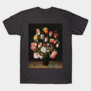 A still life of tulips, roses, bluebells, daffodils, a peony and other flowers in a glass roemer on a wooden ledge with a dragonfly by Jacob van Hulsdonck T-Shirt